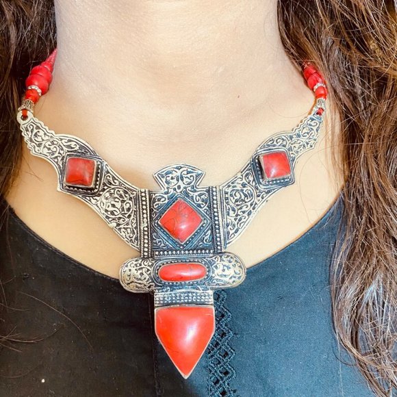 Red Tibetan Coral Gemstone Handmade Necklace,Beaded Chain Nepalese Style Necklac - Picture 1 of 10